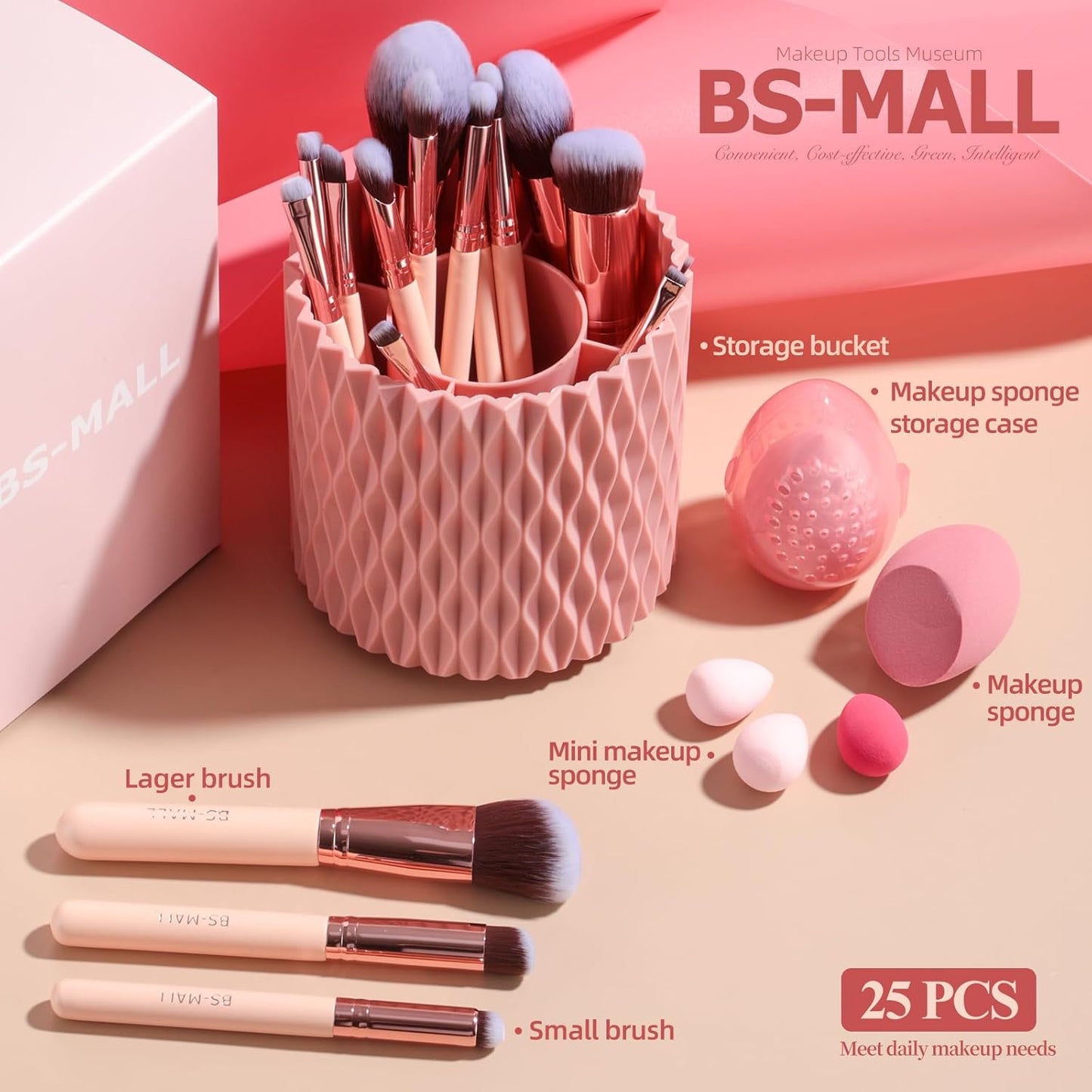 BS-MALL 18-Piece Makeup Brush Set – Soft Synthetic Brushes for Foundation, Powder, Concealer & Eyeshadow + 5 Blending Sponges & Chic Pink Holder (A-Pink)