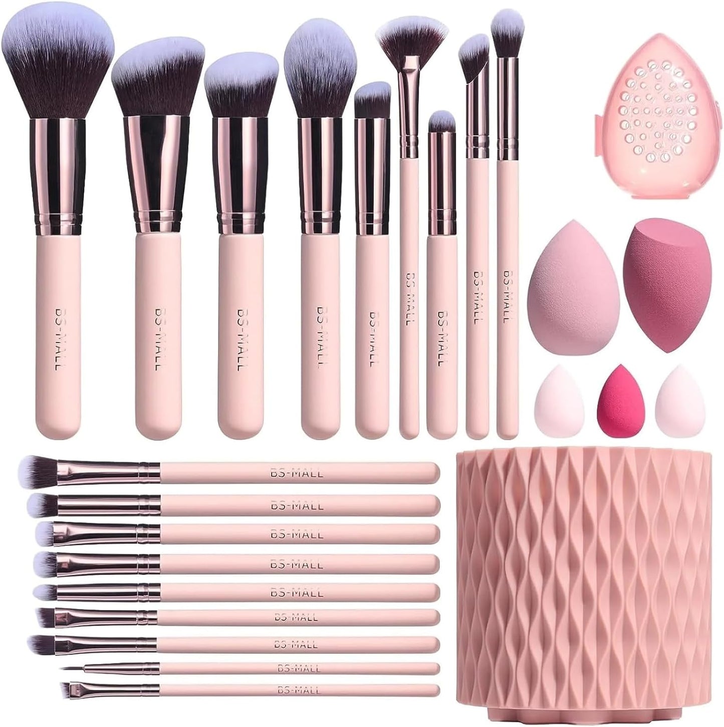BS-MALL 18-Piece Makeup Brush Set – Soft Synthetic Brushes for Foundation, Powder, Concealer & Eyeshadow + 5 Blending Sponges & Chic Pink Holder (A-Pink)