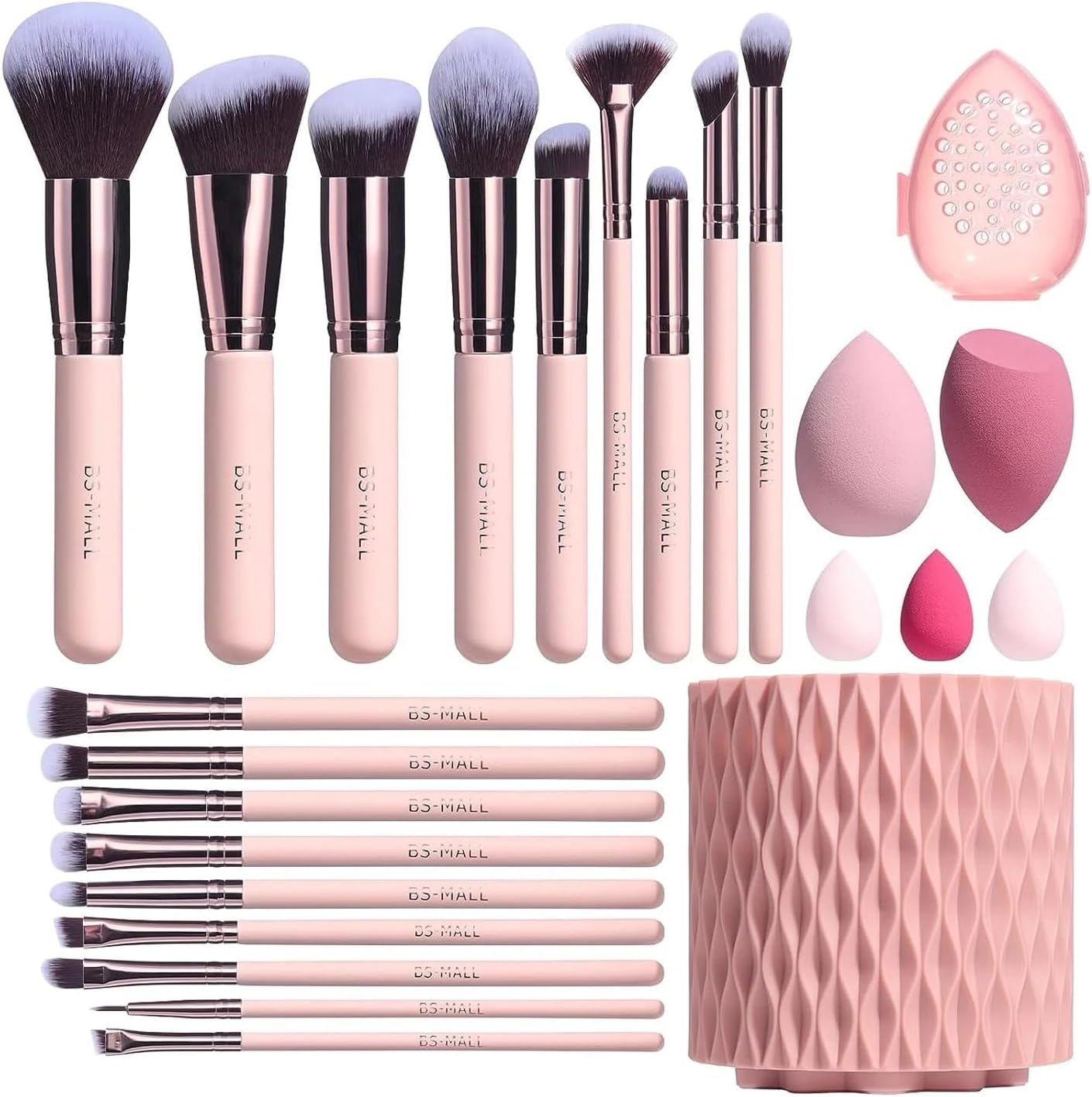 BS-MALL 18-Piece Makeup Brush Set – Soft Synthetic Brushes for Foundation, Powder, Concealer & Eyeshadow + 5 Blending Sponges & Chic Pink Holder (A-Pink)