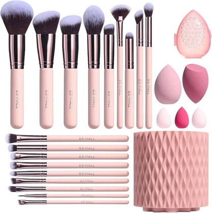 BS-MALL 18-Piece Makeup Brush Set – Soft Synthetic Brushes for Foundation, Powder, Concealer & Eyeshadow + 5 Blending Sponges & Chic Pink Holder (A-Pink)