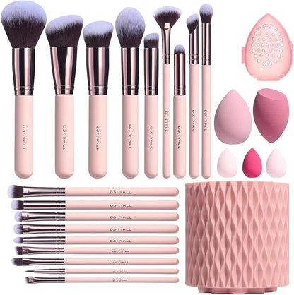 BS-MALL 18-Piece Makeup Brush Set – Soft Synthetic Brushes for Foundation, Powder, Concealer & Eyeshadow + 5 Blending Sponges & Chic Pink Holder (A-Pink)